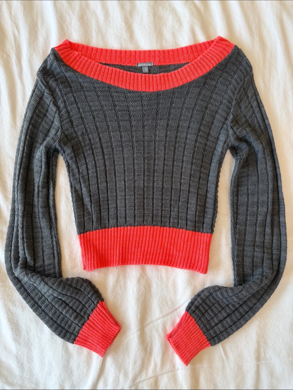 Charlotte Russe Charcoal Gray Cropped Off-Shoulder Sweater with Coral Trim XS